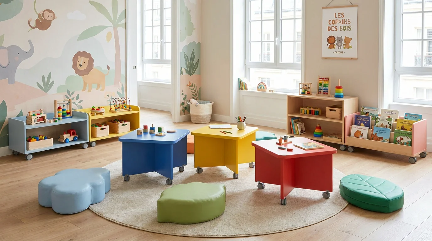 Espace d'accueil petite enfance aménagé avec du mobilier flexible et modulable