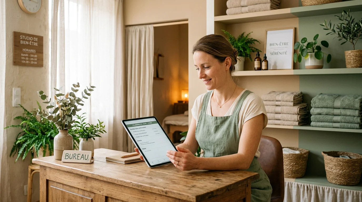 Praticienne consultant une tablette à l'accueil d'un studio de massage lumineux