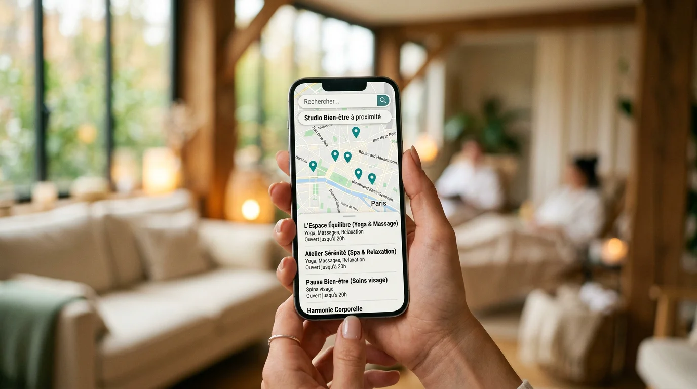 Recherche locale d'un institut de bien-être sur un smartphone