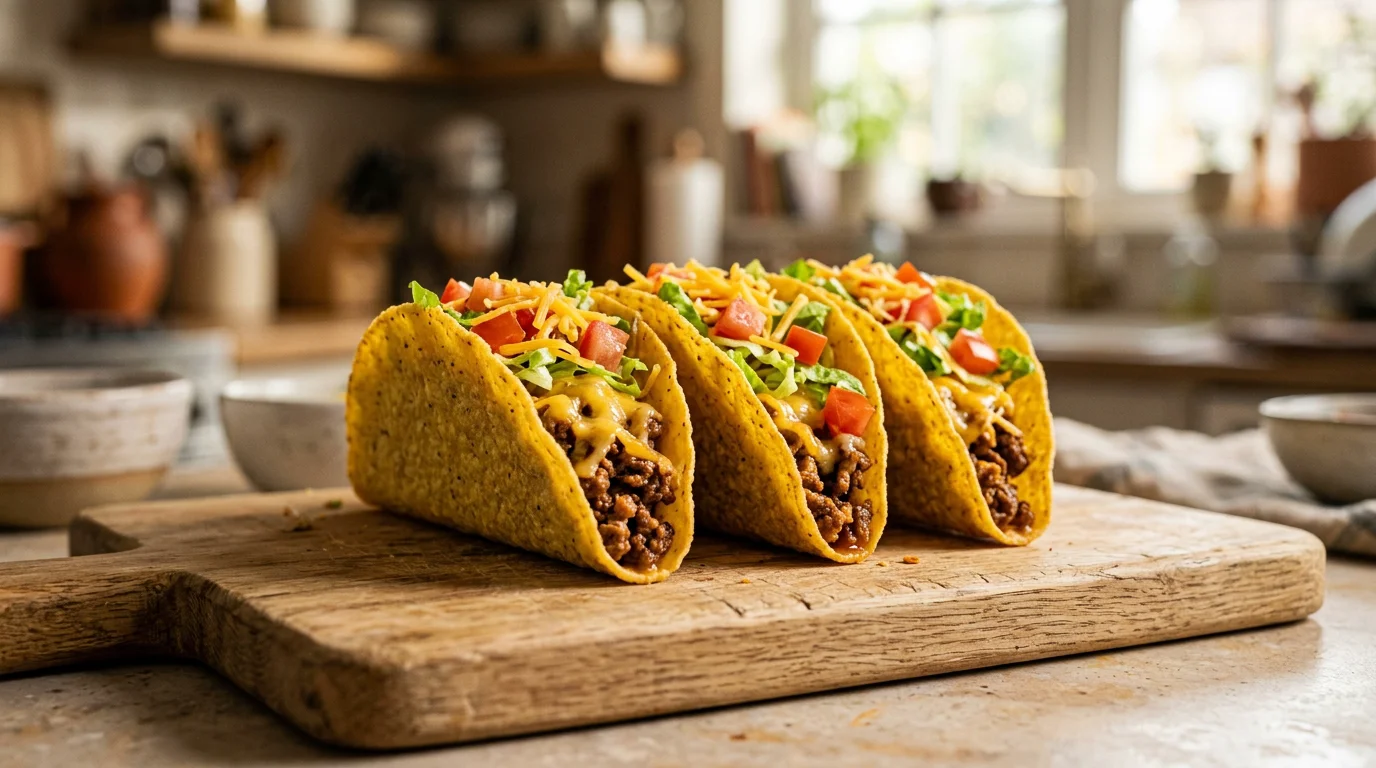 Trois tacos durs croustillants garnis de viande, fromage et salade