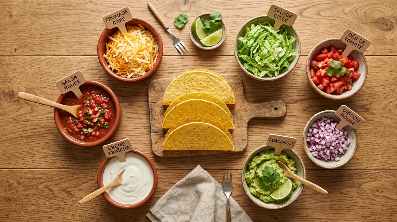 Garnitures variées pour tacos dur disposées en flat lay