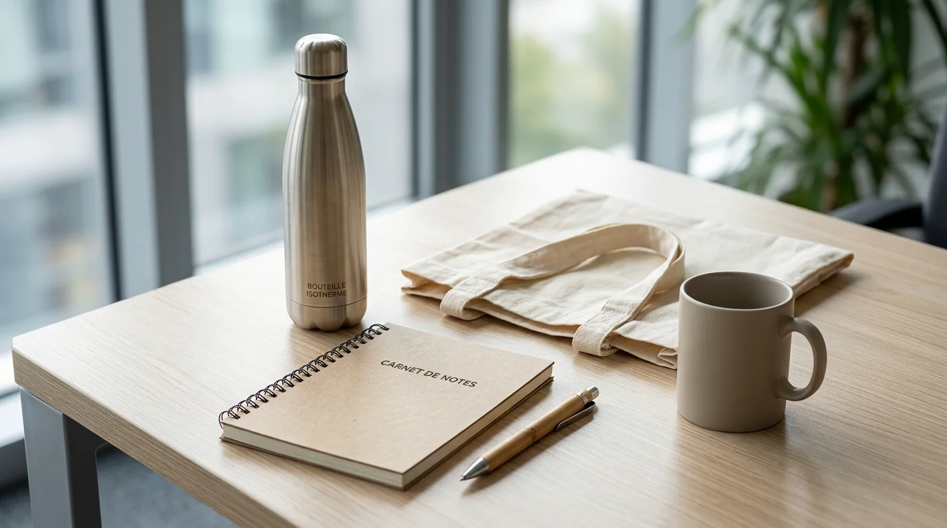 Sélection d'objets publicitaires éco-responsables posés sur un bureau