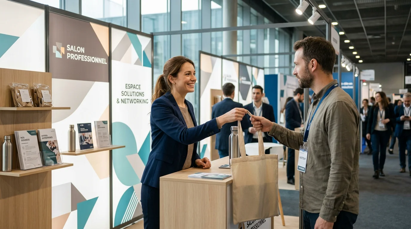Distribution de goodies éco-responsables sur un stand de salon professionnel