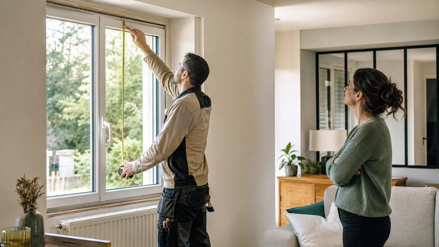 Professionnel mesurant une fenêtre avant la pose d’un volet roulant