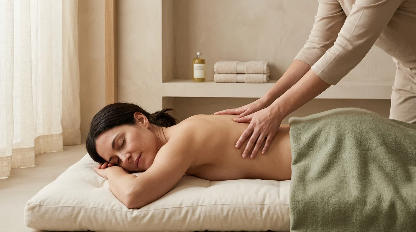 Personne recevant un massage shiatsu allongée sur un futon