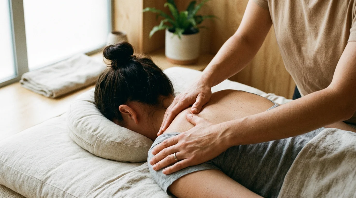 Praticien exerçant une pression des pouces lors d'une séance de shiatsu