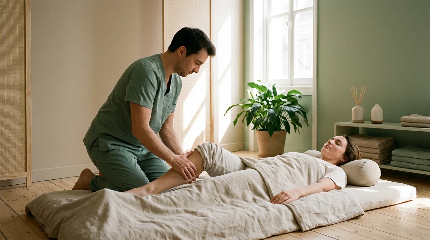 Séance de shiatsu au sol dans un espace de soin épuré