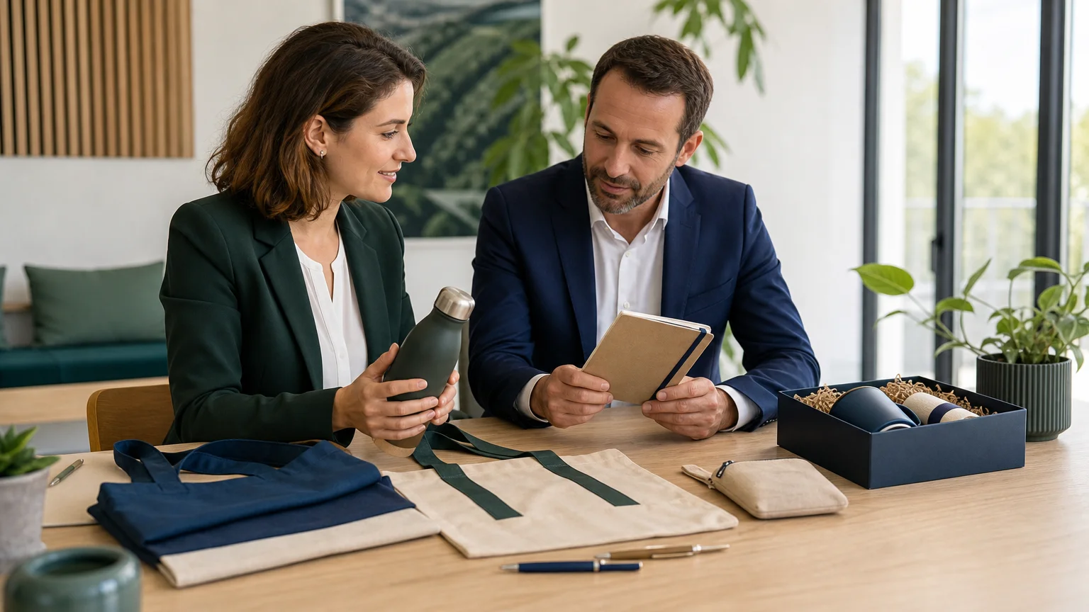 Professionnels sélectionnant des objets publicitaires responsables pour une campagne B2B