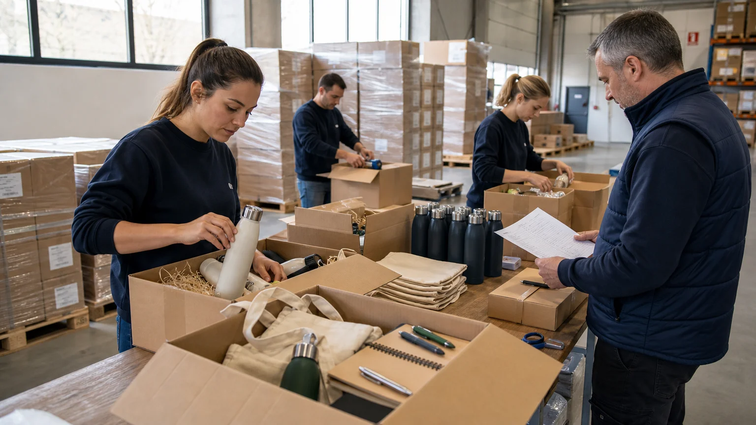 Préparation de colis de goodies pour une expédition multipoint