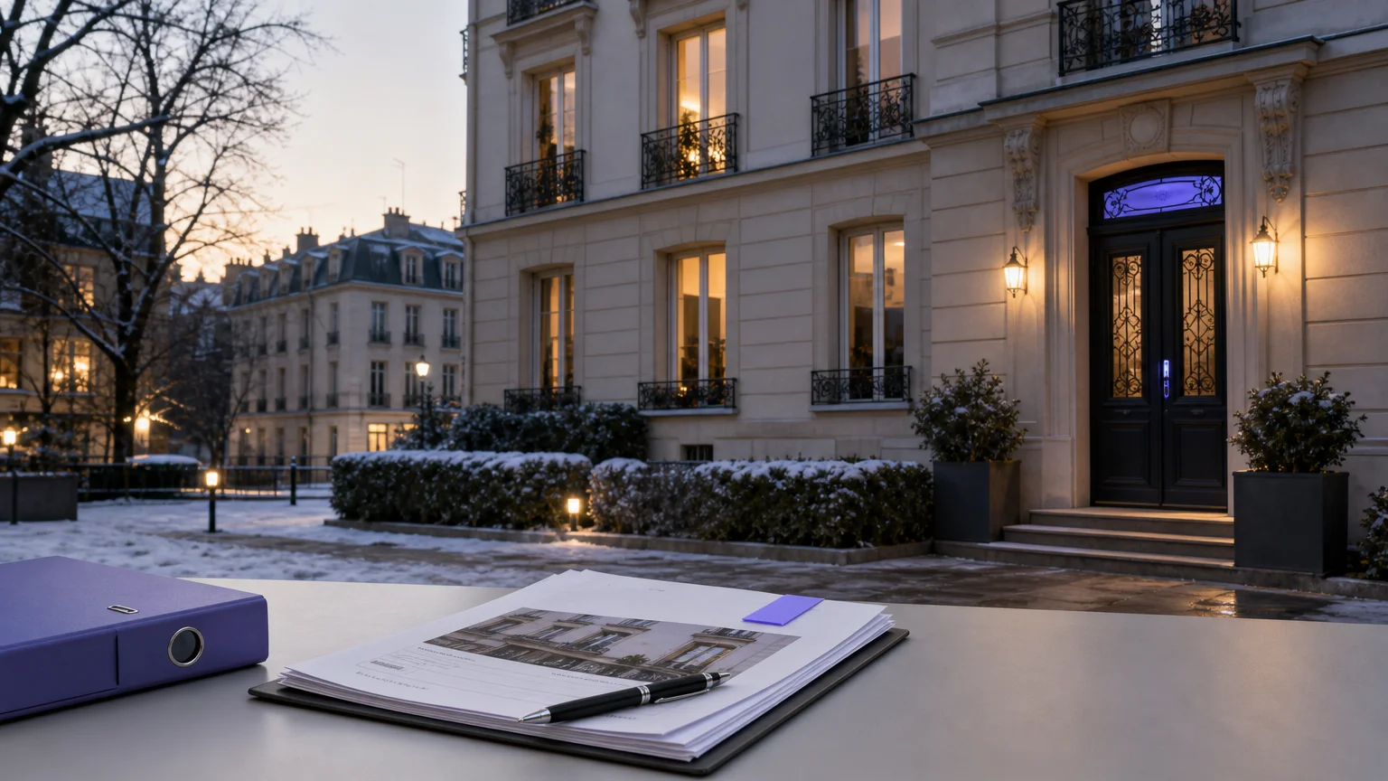 Immeuble résidentiel français en hiver illustrant la trêve hivernale