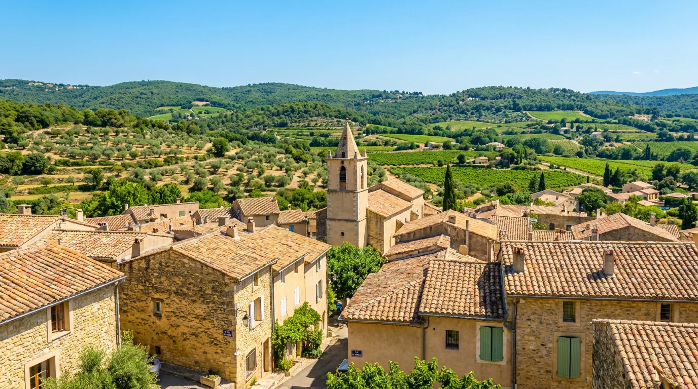 Vue panoramique d'un village provençal typique du Luberon avec maisons en pierre et collines