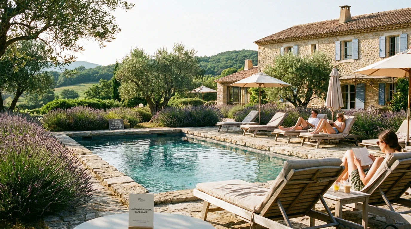 Piscine d'un apart'hôtel en Provence entourée de lavande et d'oliviers