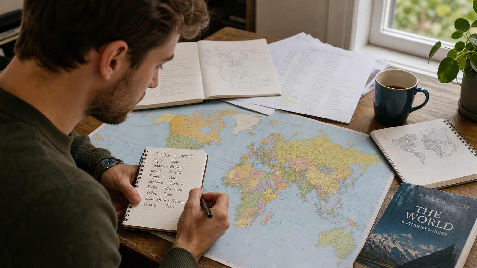 Adult learner practising country and capital pairs with a world map