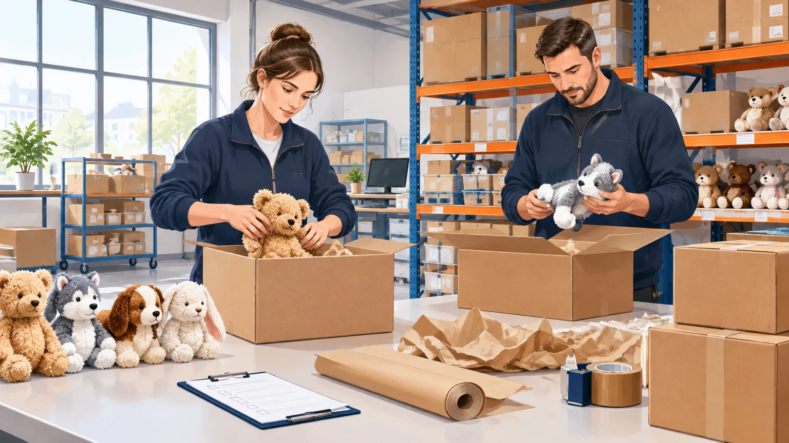 Préparation de cartons de peluches pour une distribution professionnelle