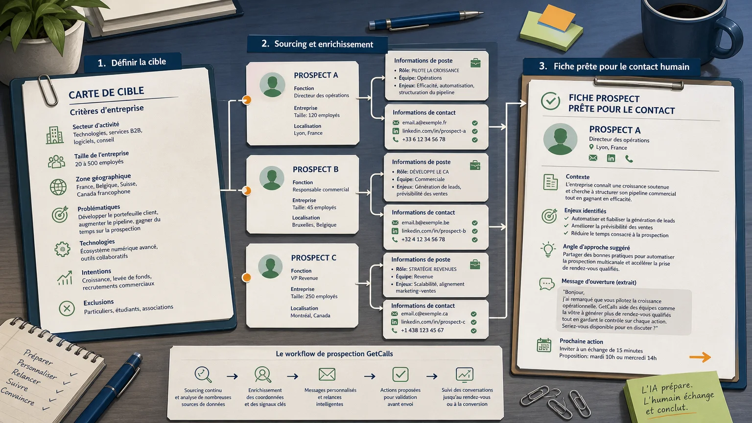 Visueller Workflow vom Sourcing bis zur Kontaktaufnahme mit einem potenziellen B2B-Kunden
