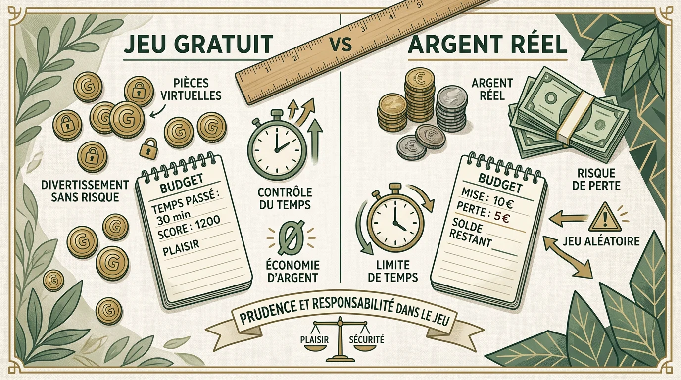 Comparaison entre le jeu gratuit et le jeu en argent réel avec repères de budget