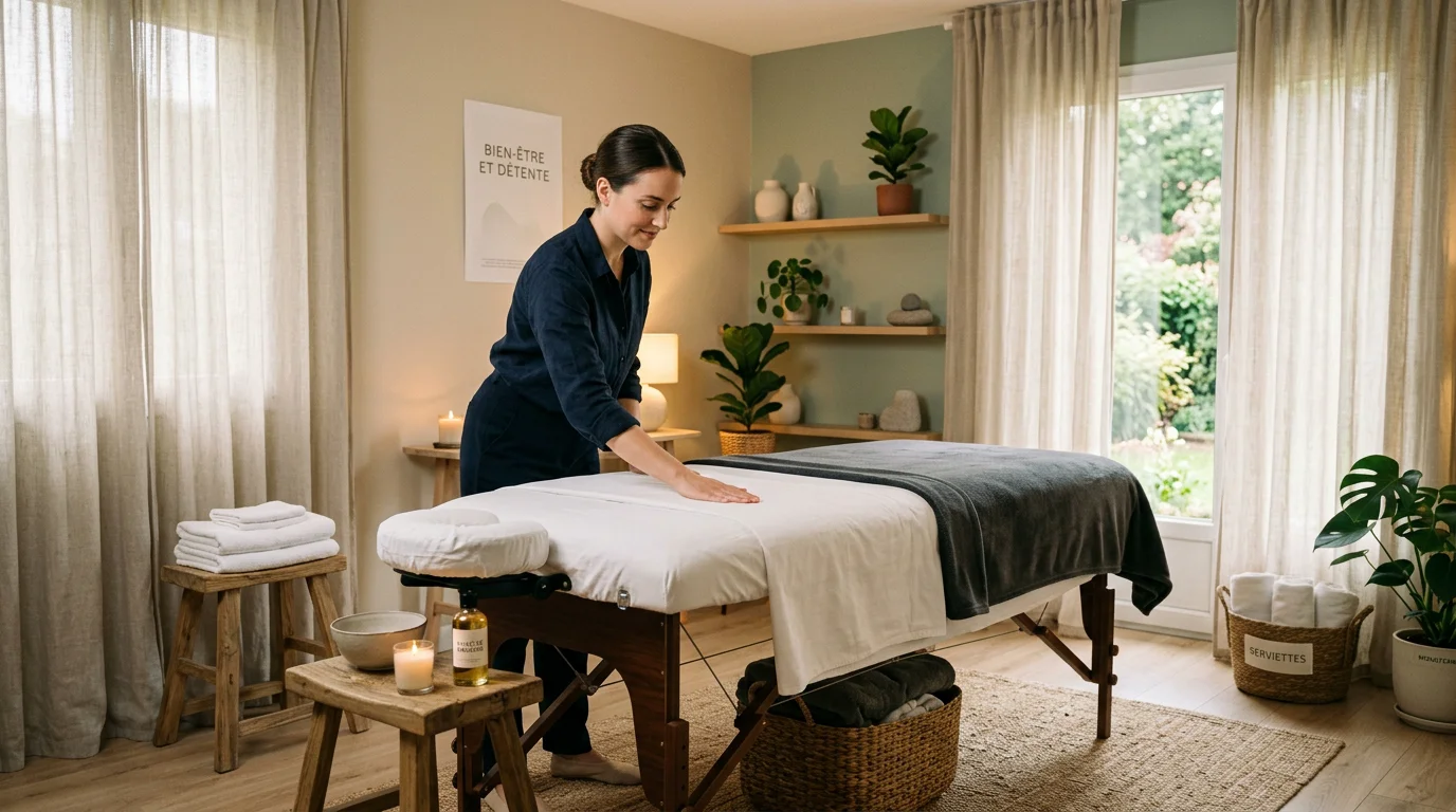 Salle de massage aménagée à domicile avec table préparée et ambiance apaisante