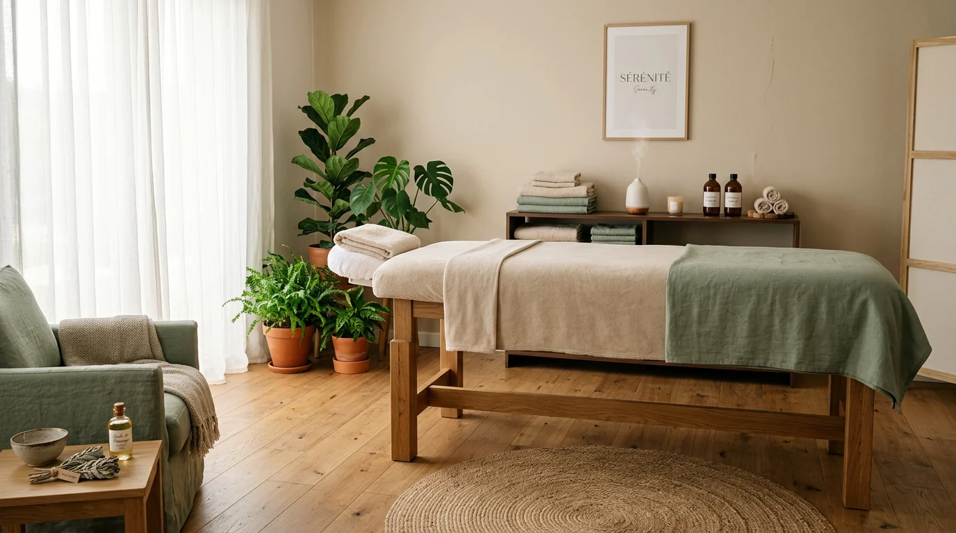 Salle de massage aménagée à domicile avec table centrale et lumière douce