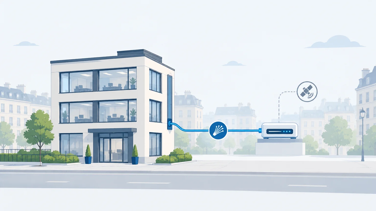 Illustration éditoriale d’un bureau professionnel relié à la fibre et à un lien de secours, dans un environnement urbain inspiré de Paris
