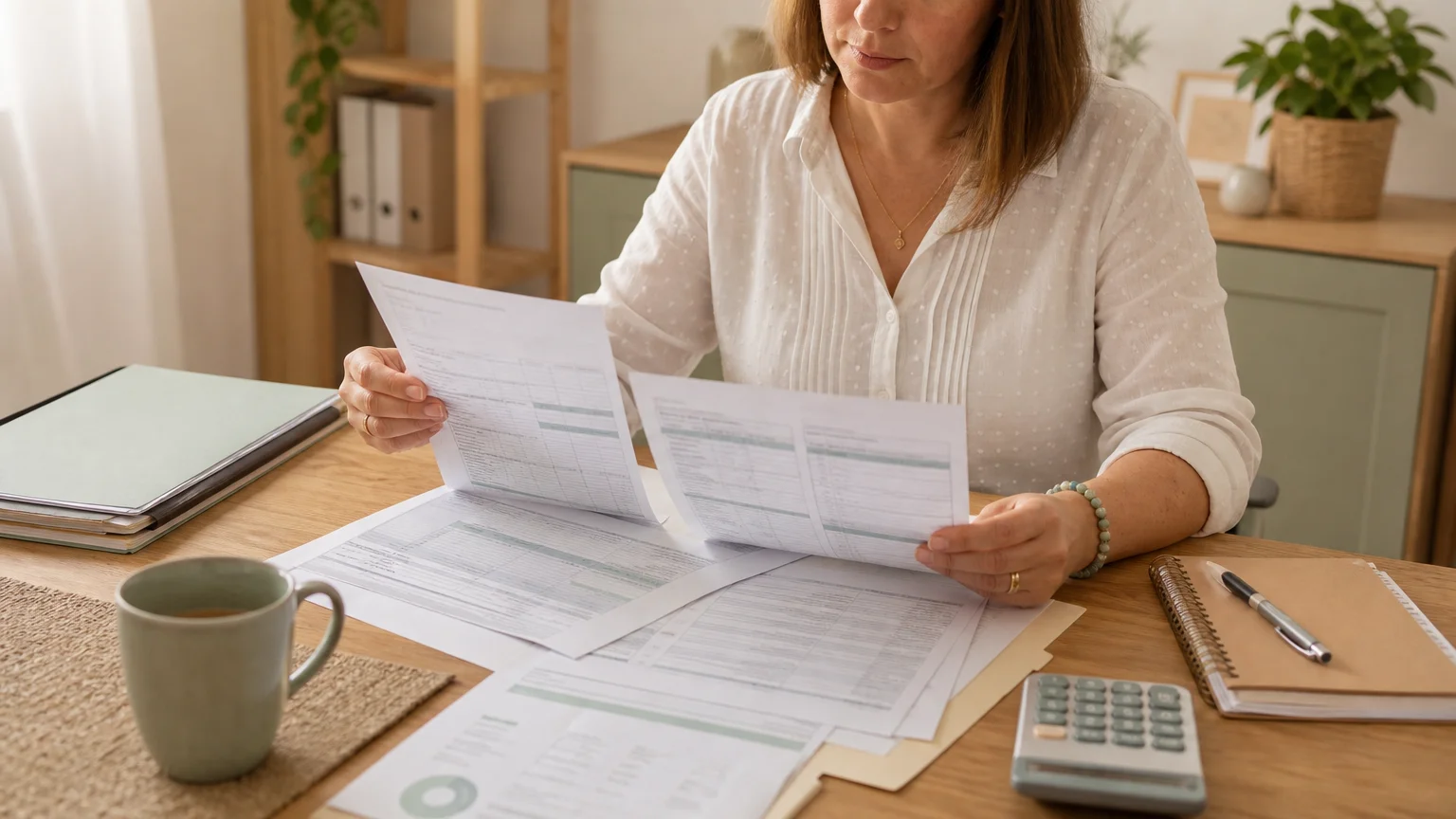Une assistante maternelle vérifie ses documents de carrière et ses bulletins de salaire