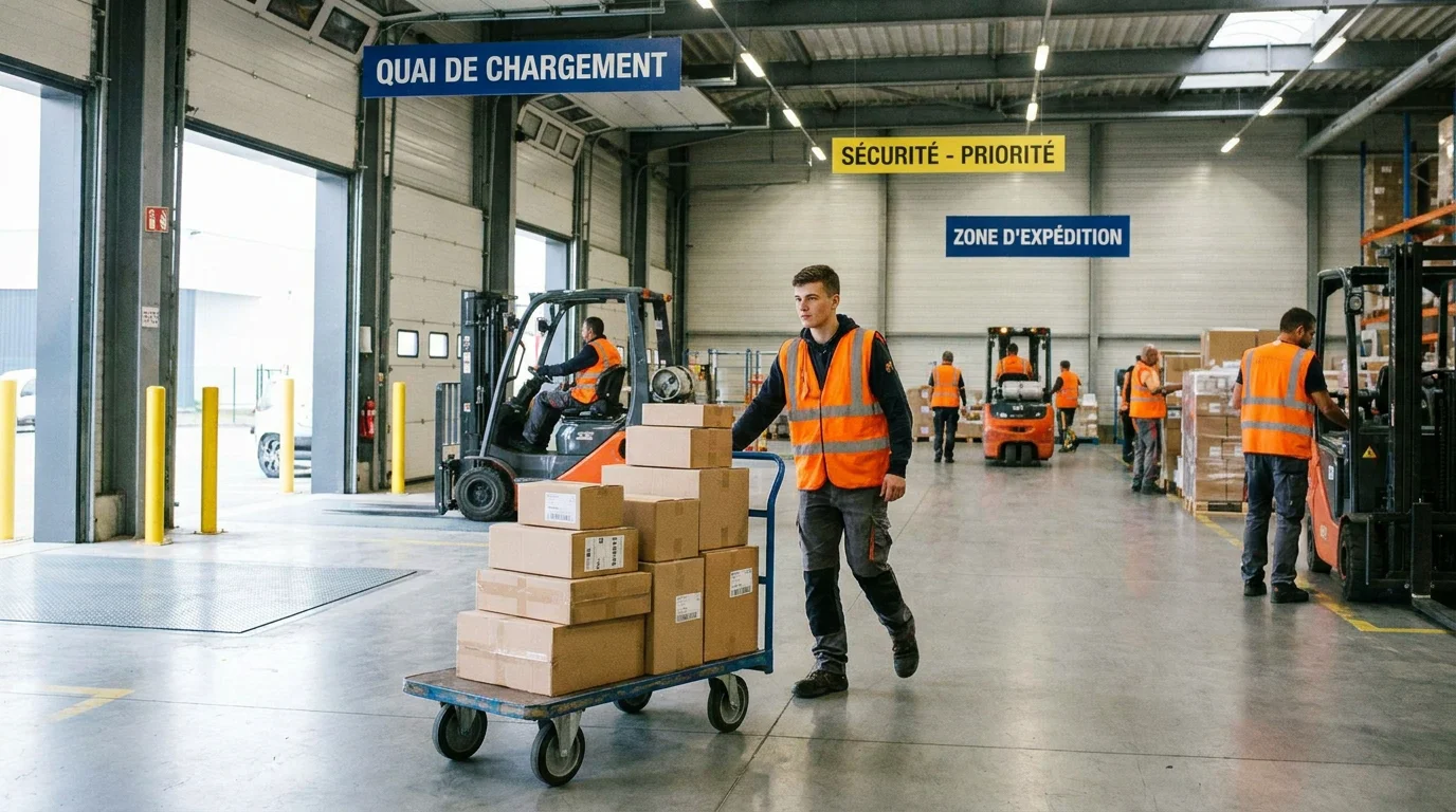 Manutentionnaire en gilet de sécurité travaillant dans un entrepôt logistique en France