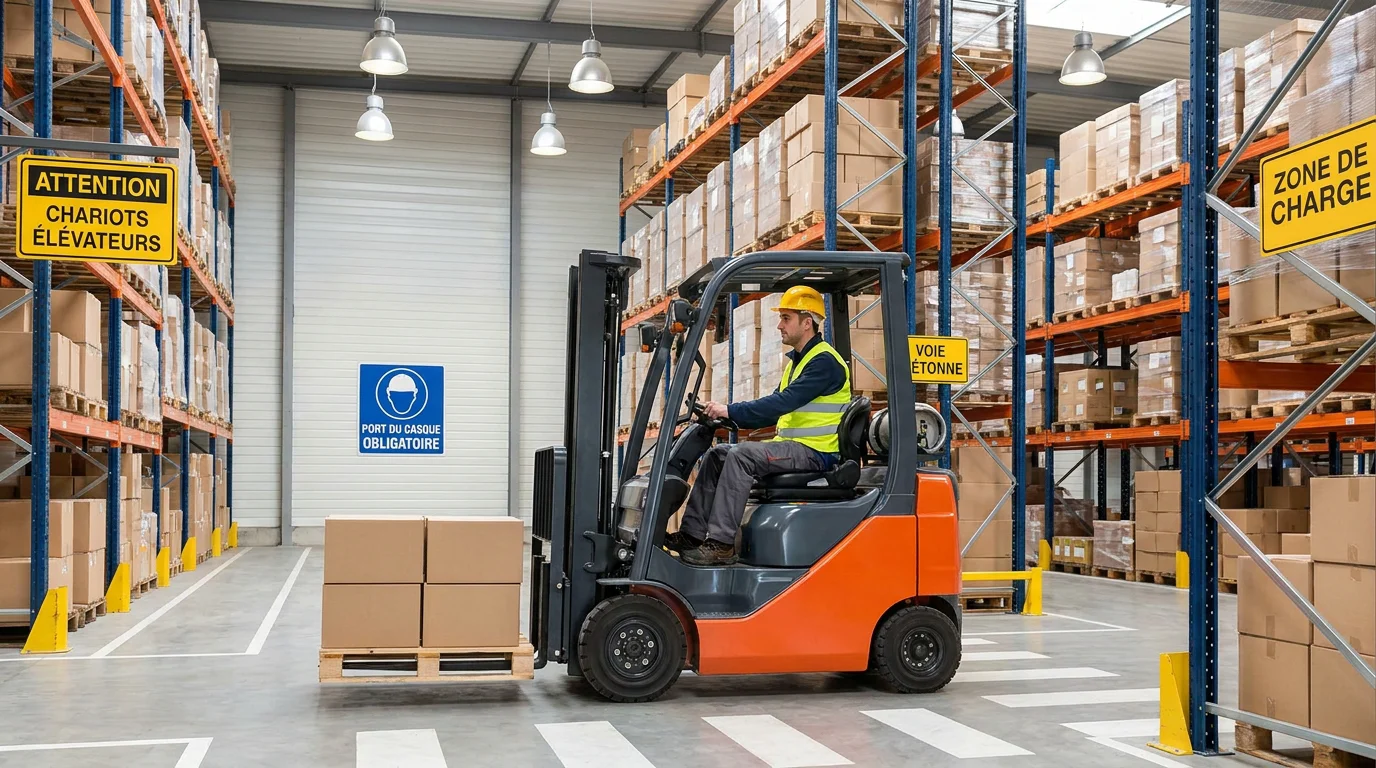 Cariste conduisant un chariot élévateur dans un entrepôt français moderne