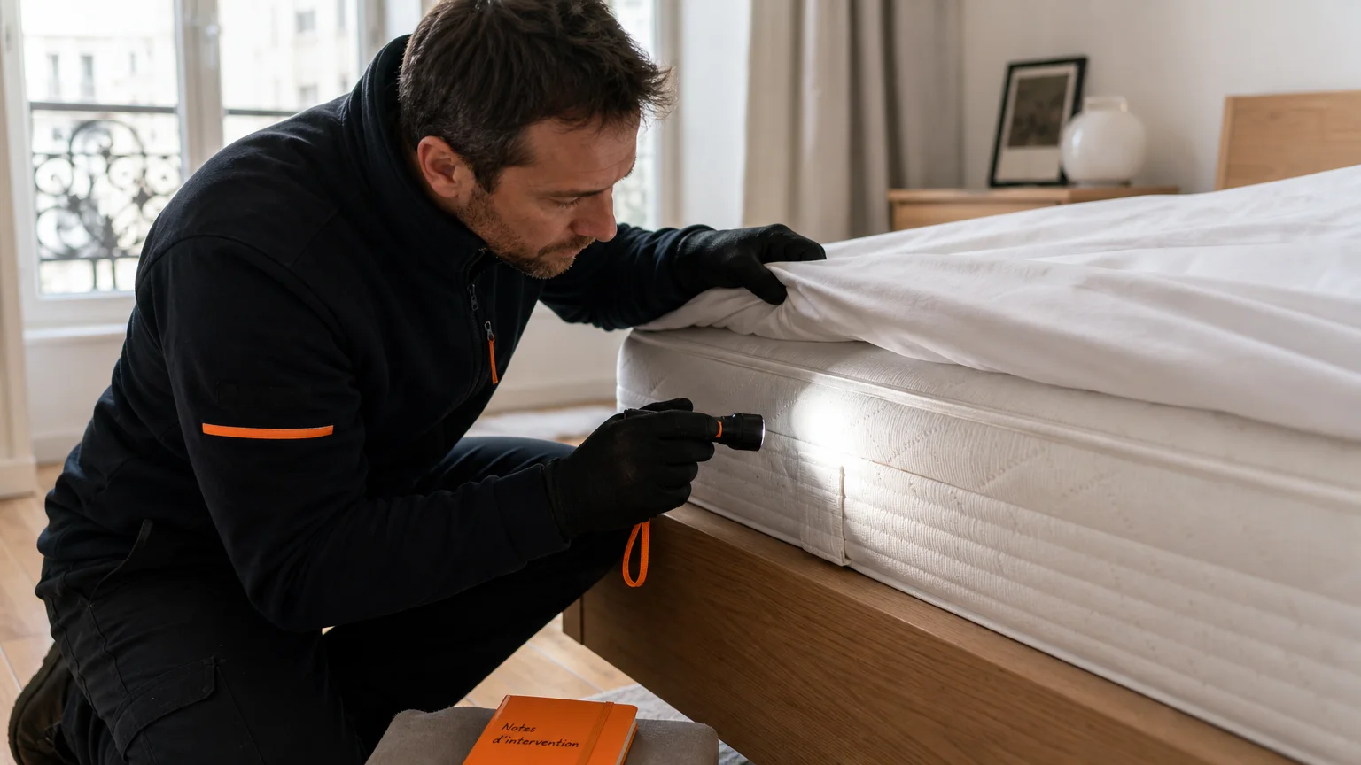 Inspection naturelle de la couture d’un matelas pour rechercher des punaises de lit