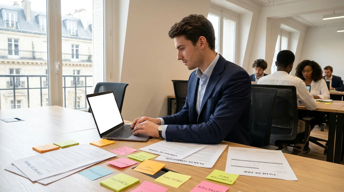 Étudiant en alternance RH travaillant dans un espace de coworking parisien
