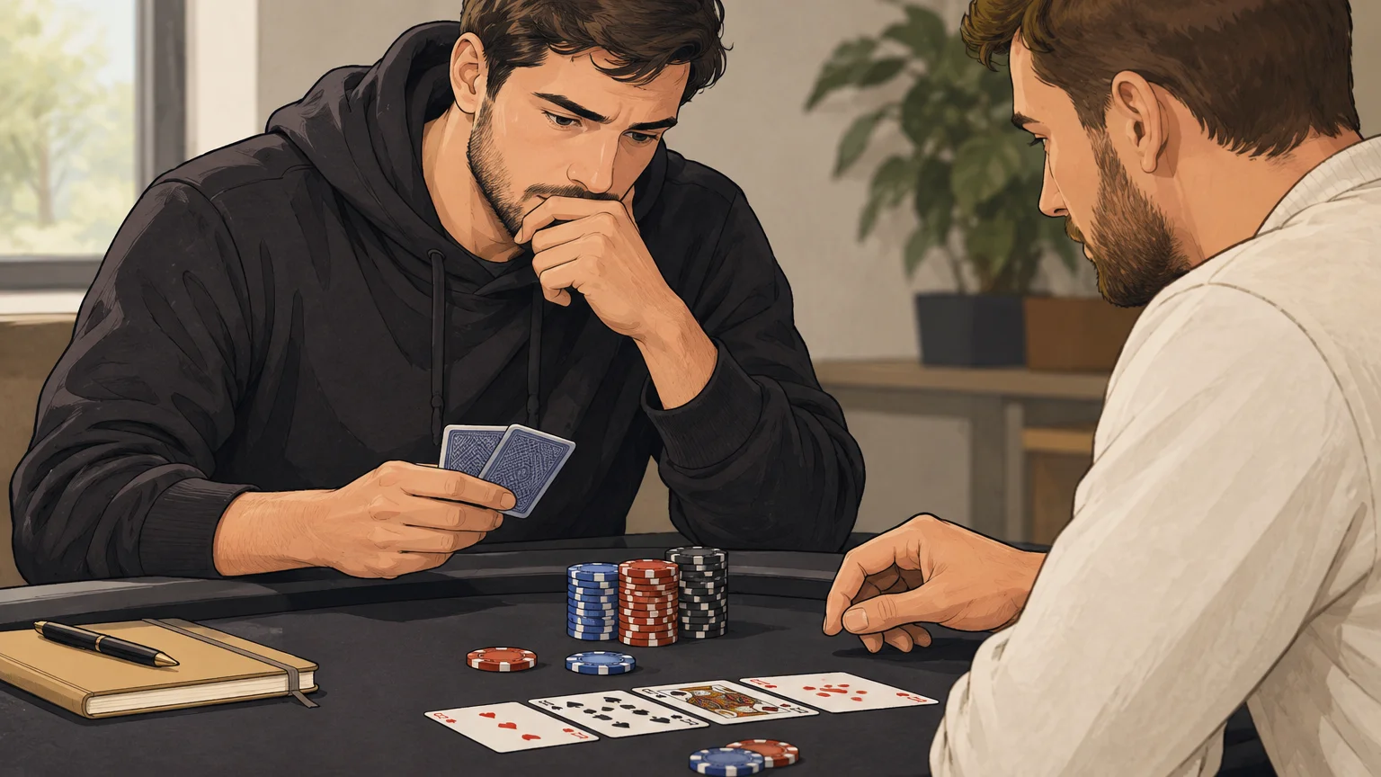 Deux joueurs adultes étudient ensemble une main de poker dans un cadre calme.