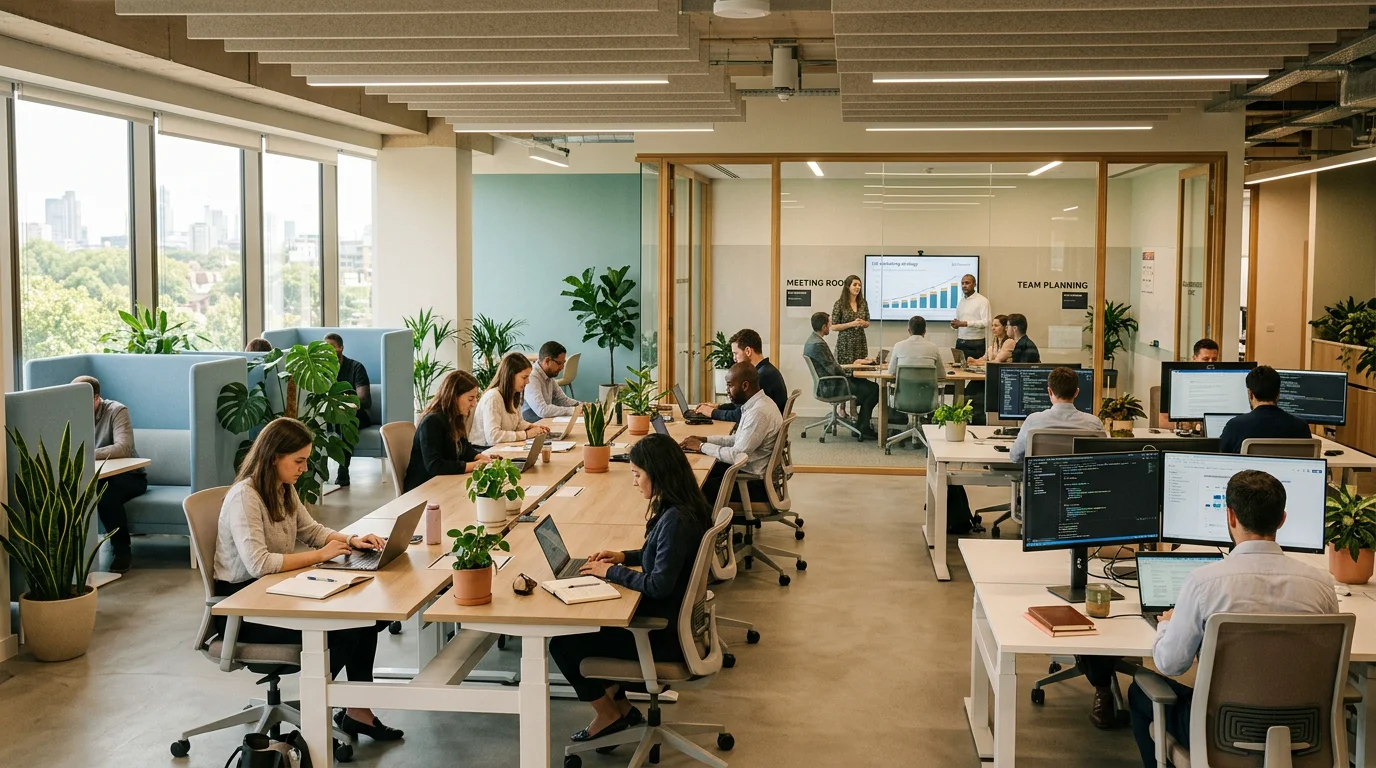 A bright private team office suite with glass meeting room and ergonomic desks