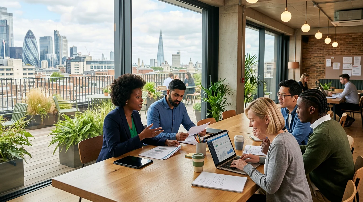 A professional team collaborating in a modern coworking building with a rooftop terrace