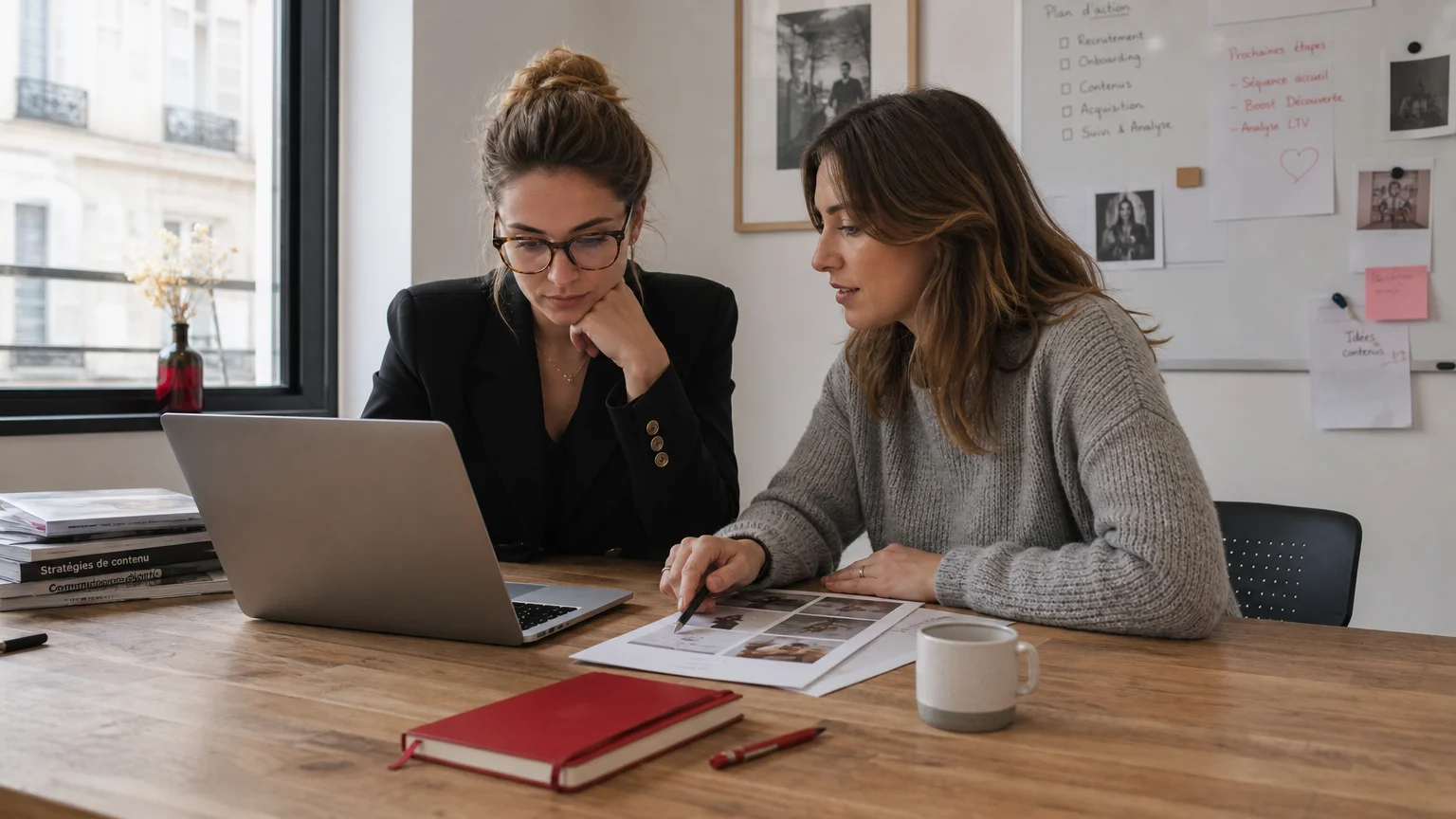 Responsable d’agence et créatrice comparant des plateformes de contenu dans un espace de travail
