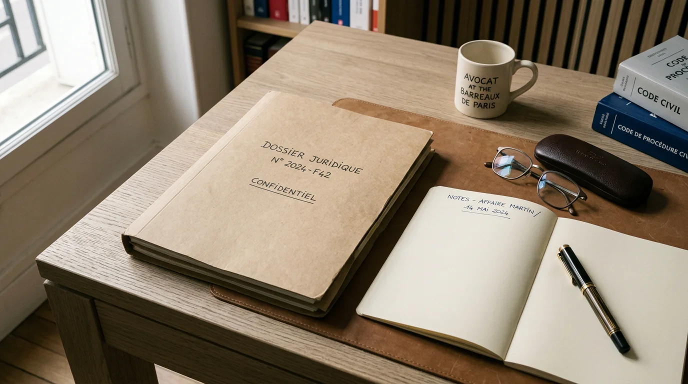 Bureau d'avocat sobre avec dossier juridique fermé et stylo