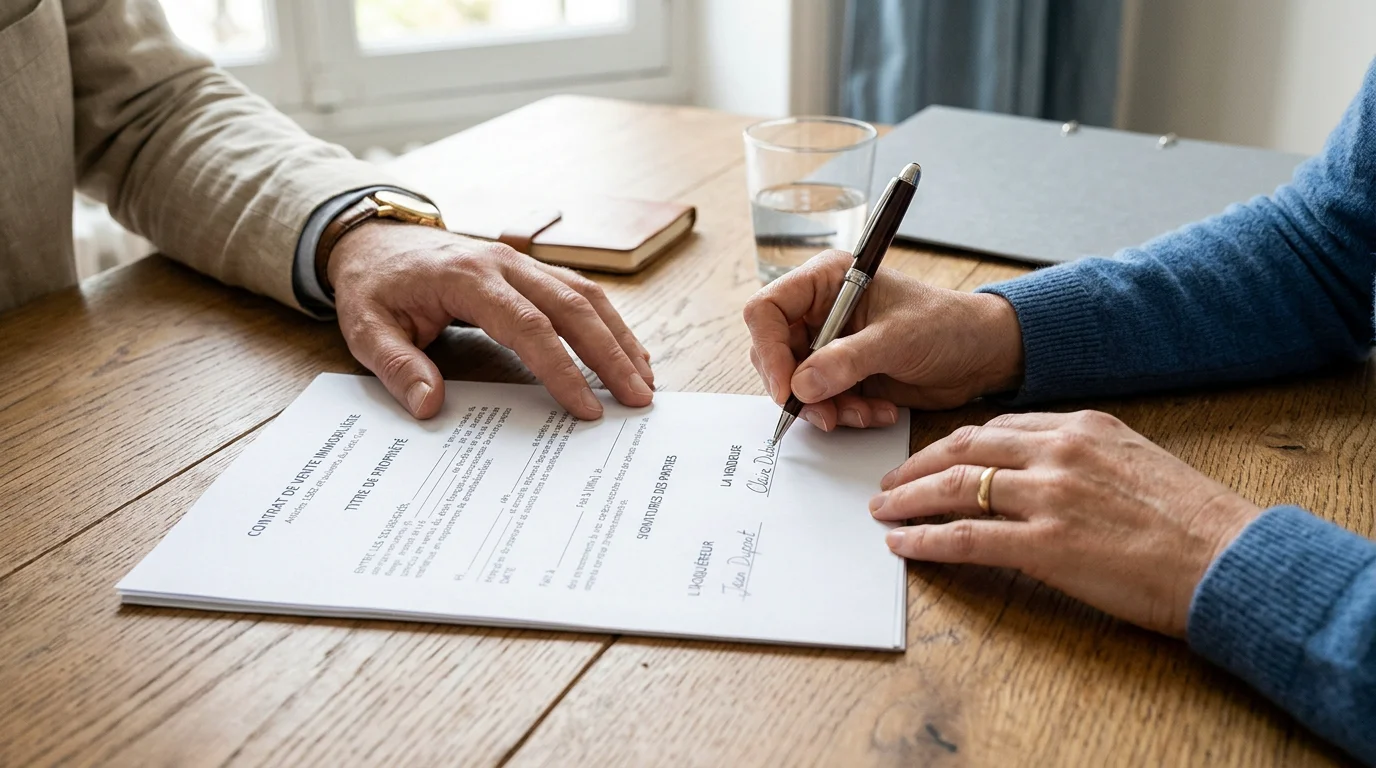 Mains signant un document juridique sur une table en bois