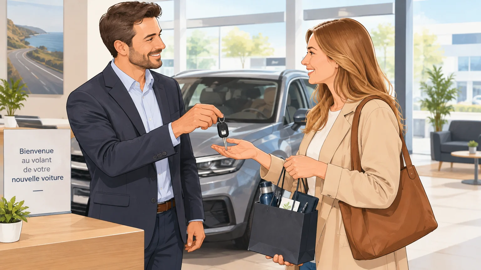 Remise d’un petit kit de bienvenue à une cliente dans une concession automobile