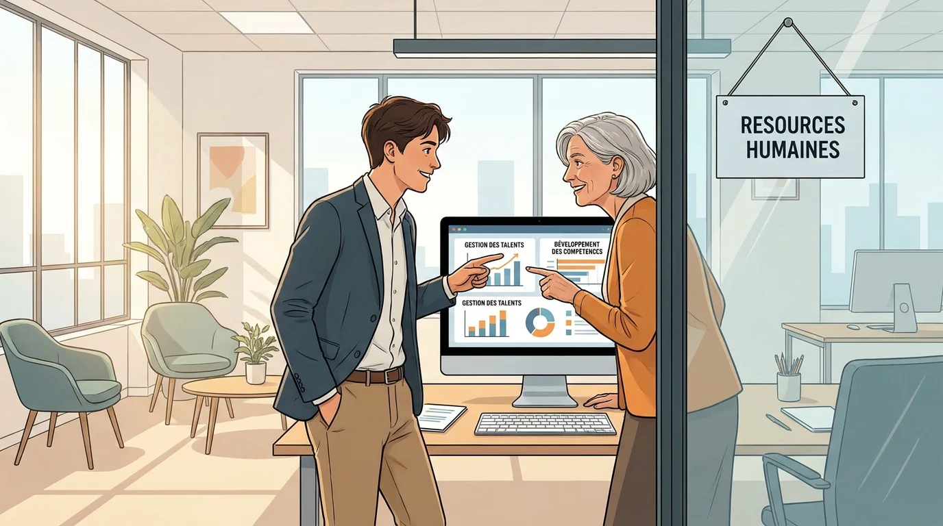 Alternant en ressources humaines en situation de travail dans un bureau moderne en France