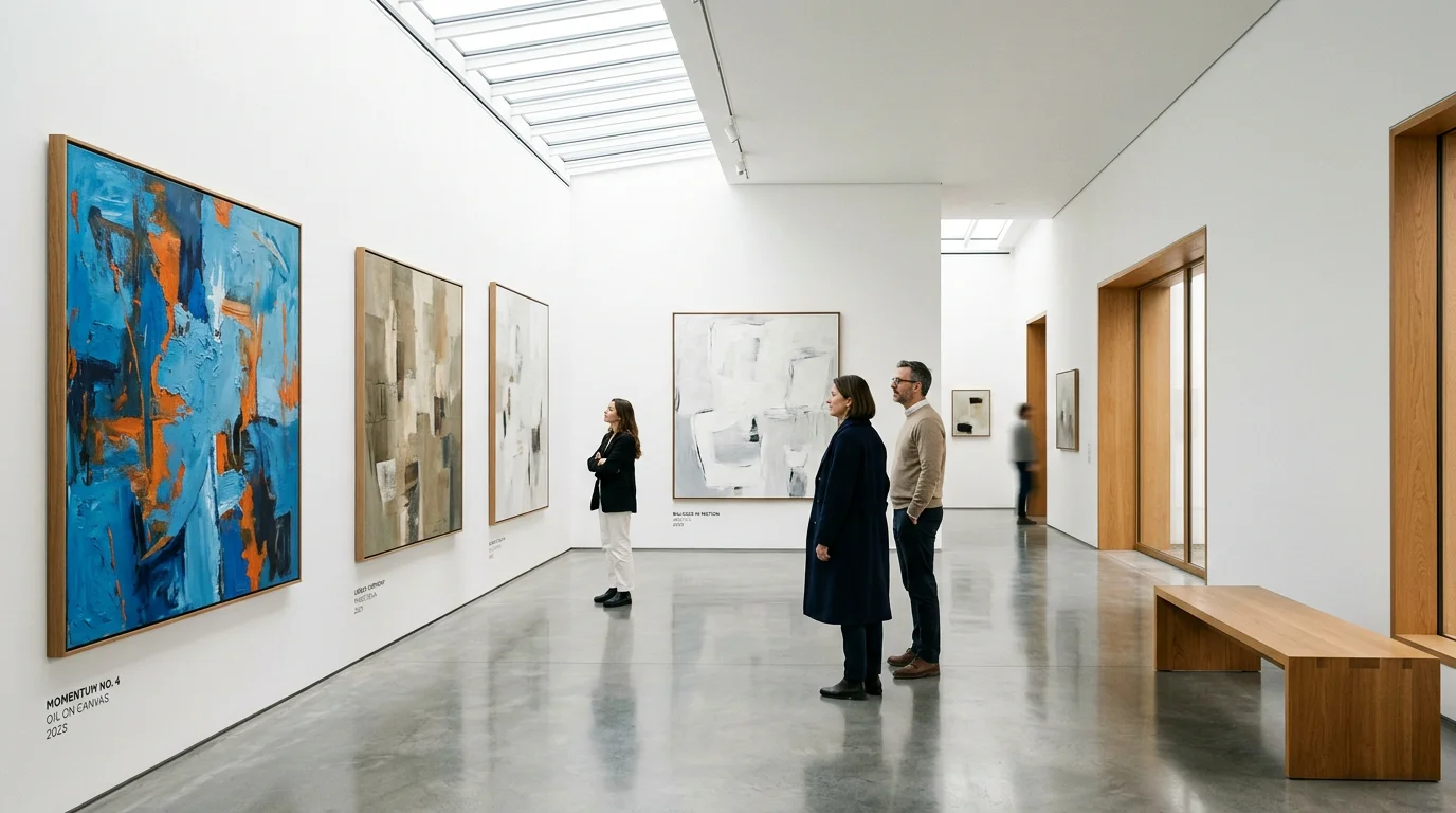 Visitors viewing large abstract paintings inside a minimalist contemporary art gallery