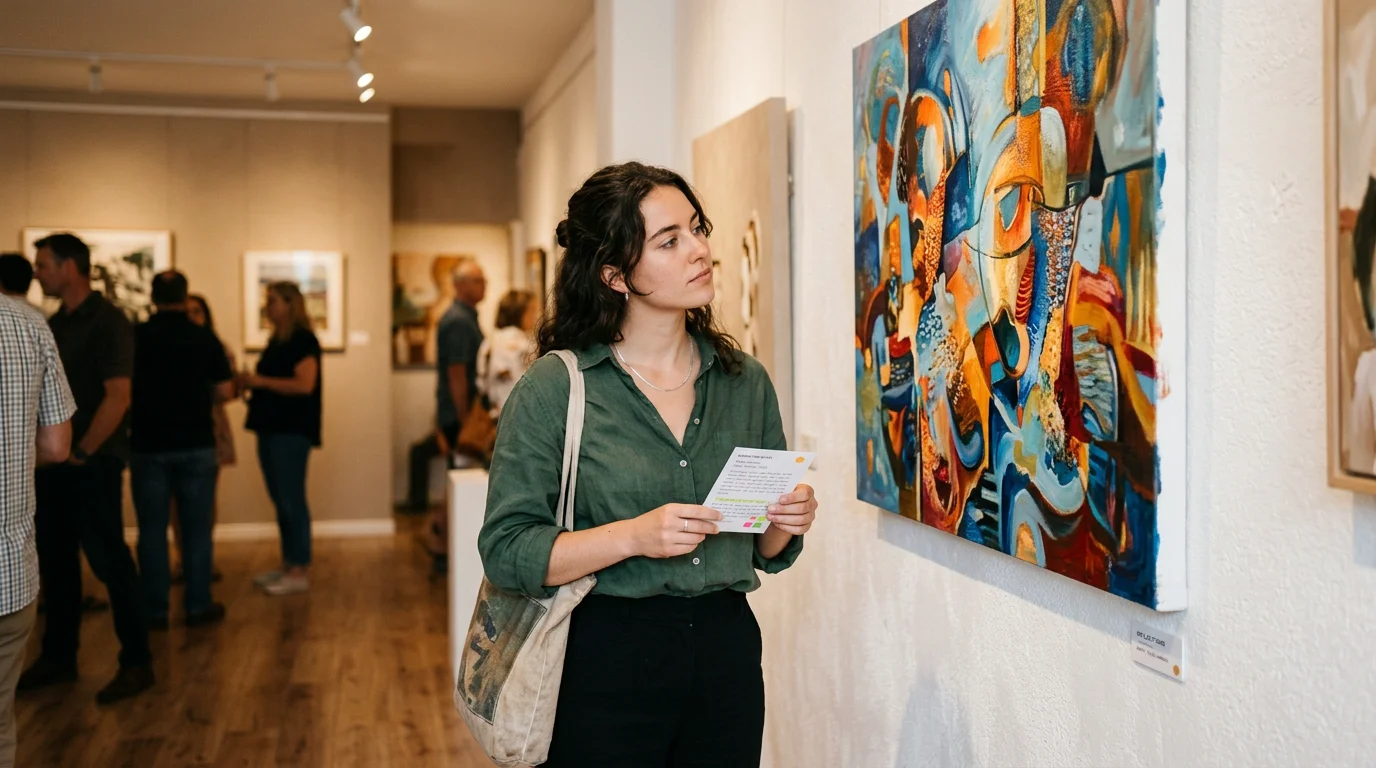 A visitor considering an original painting on a gallery wall