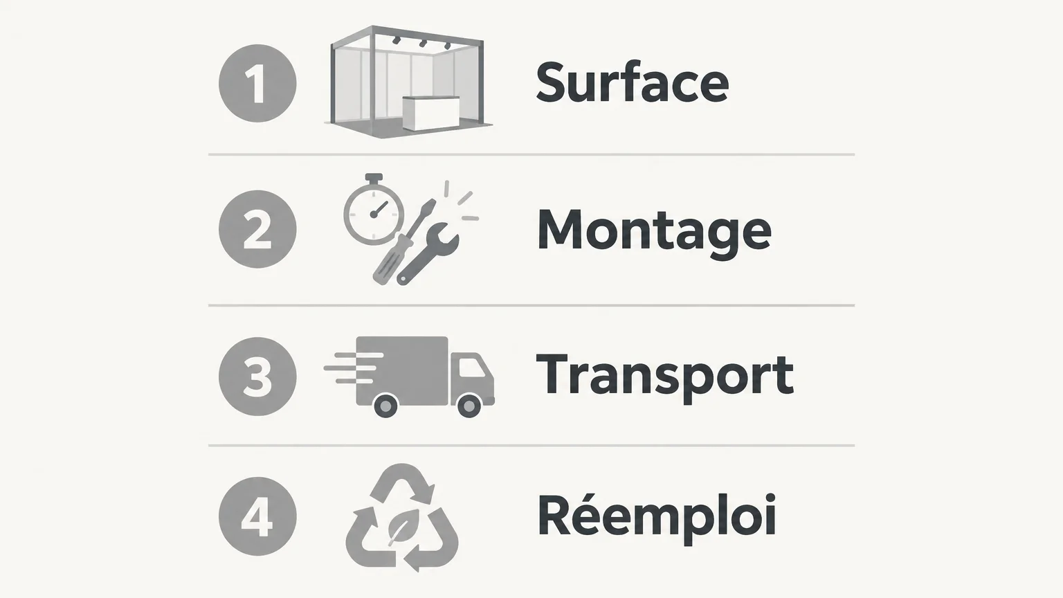 Infographie checklist des critères de surface, montage, transport et réemploi d’un stand modulaire.