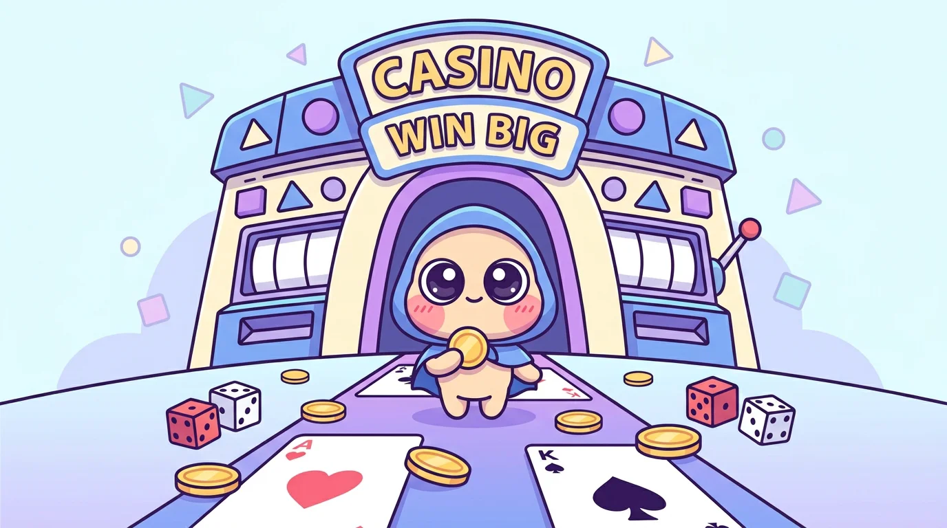 Chibi cartoon character standing in front of a colorful casino entrance with cards, dice, and coins