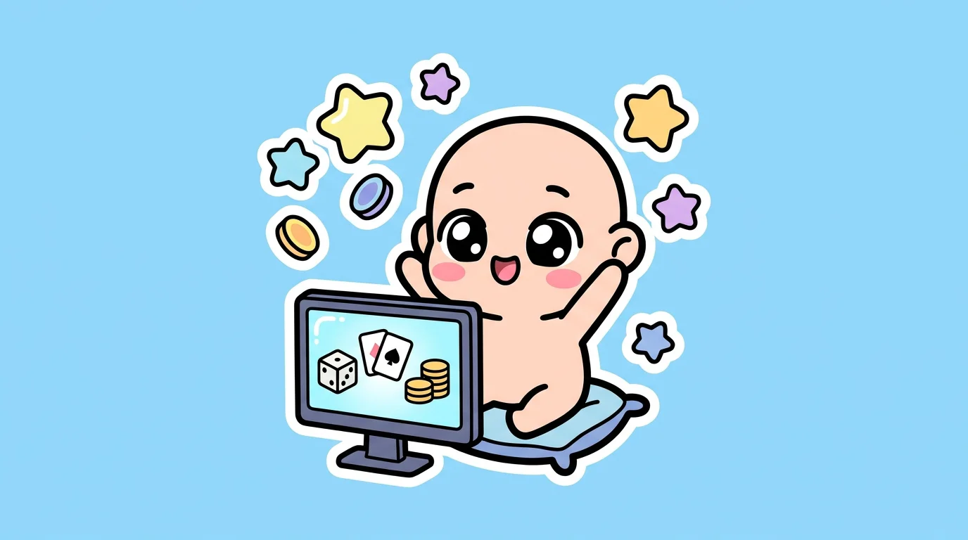 Chibi cartoon character playing casino games on a computer with floating coins and stars