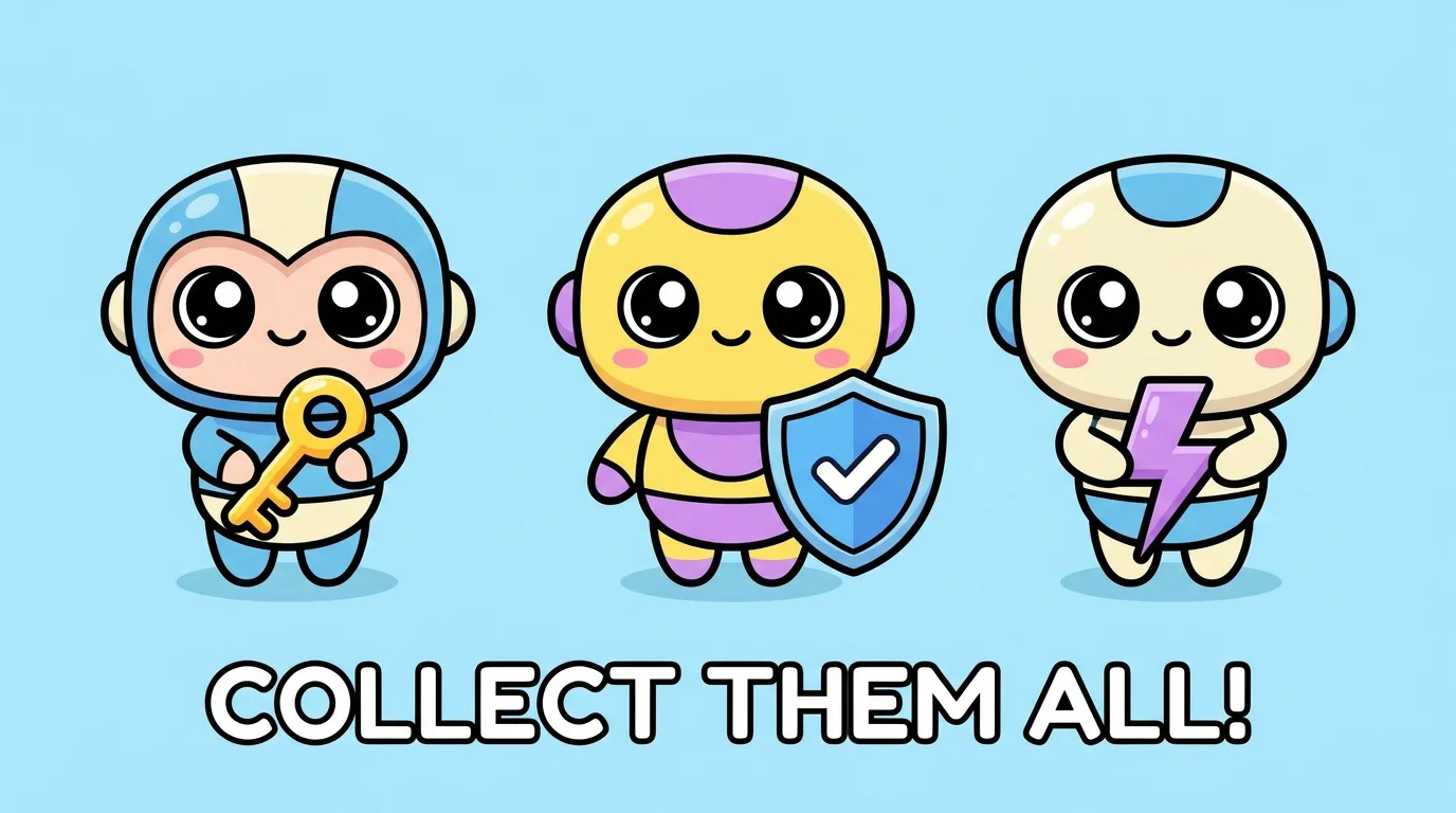 Three chibi cartoon characters holding symbols representing security, trust, and speed