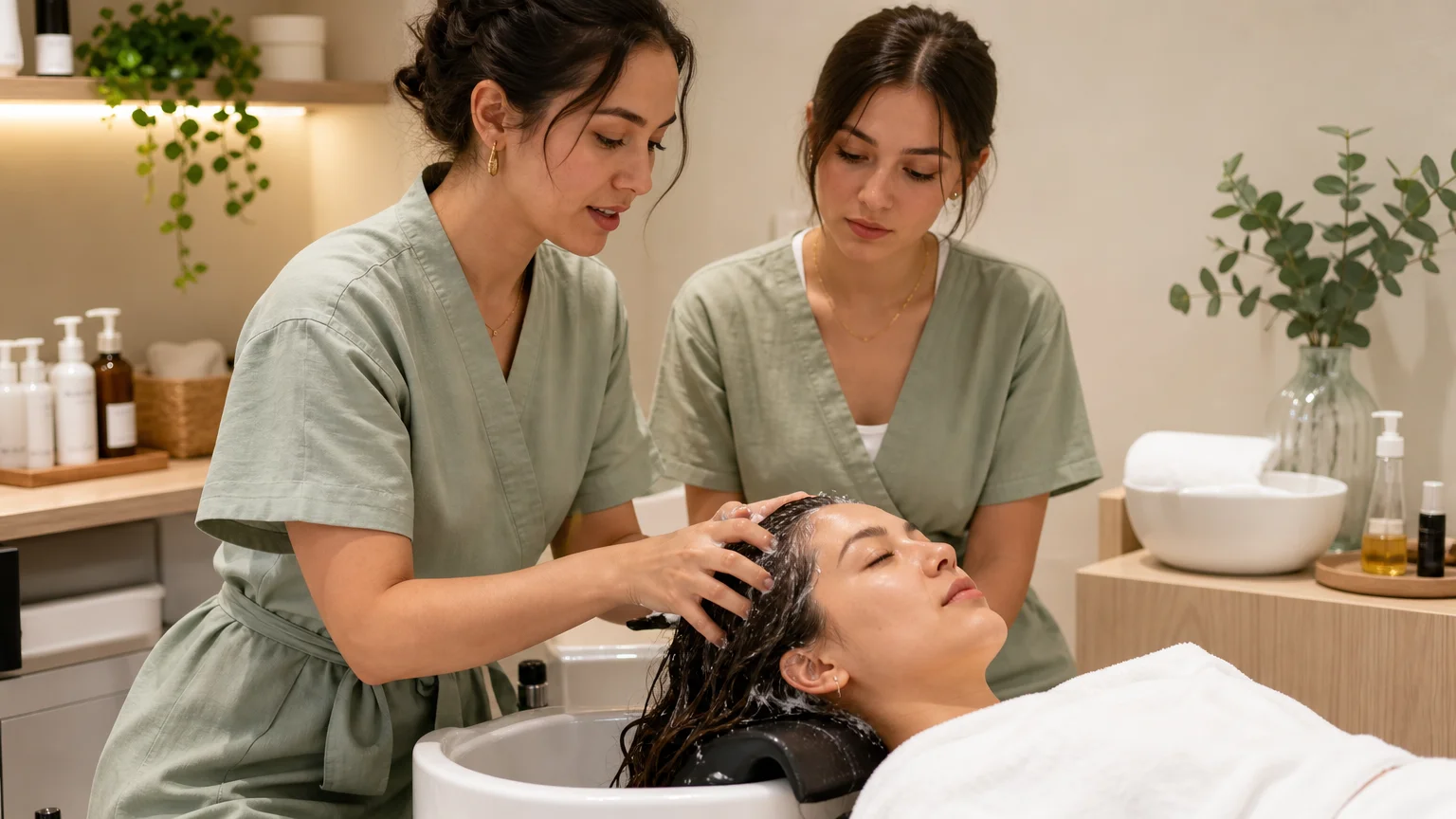 Apprentissage pratique d’un geste de massage du cuir chevelu en formation Head Spa