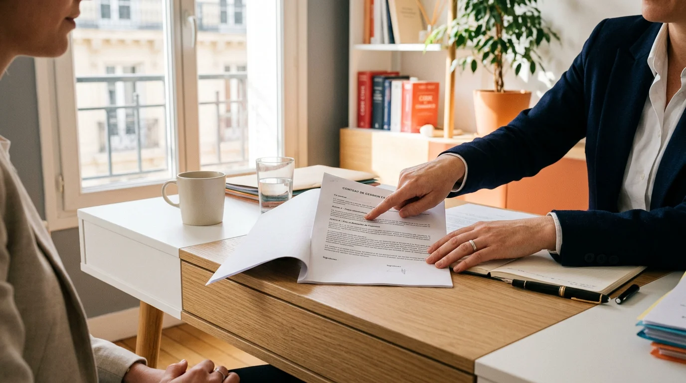 Avocate expliquant un document juridique à un client dans un bureau lumineux