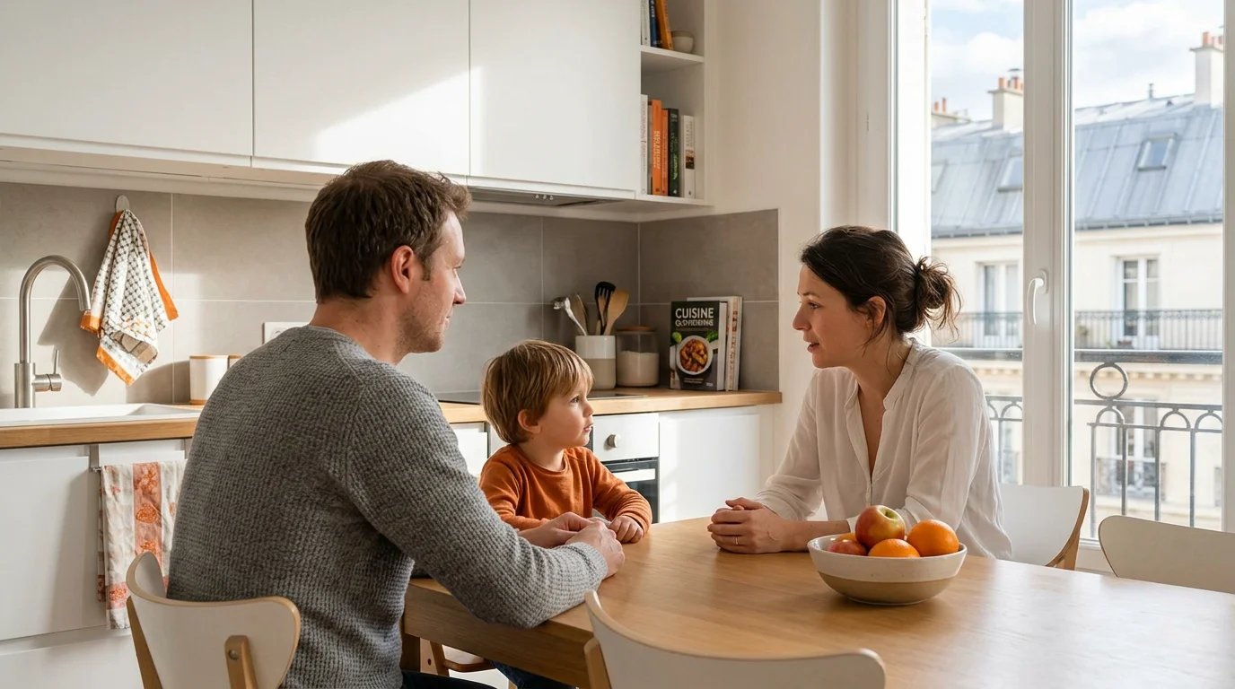 Parents et enfant discutant calmement autour d'une table