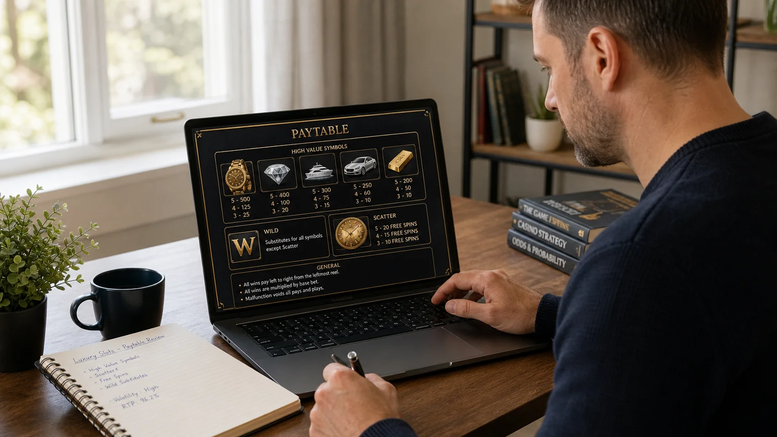 Adult player reviewing a slot paytable during a demo session