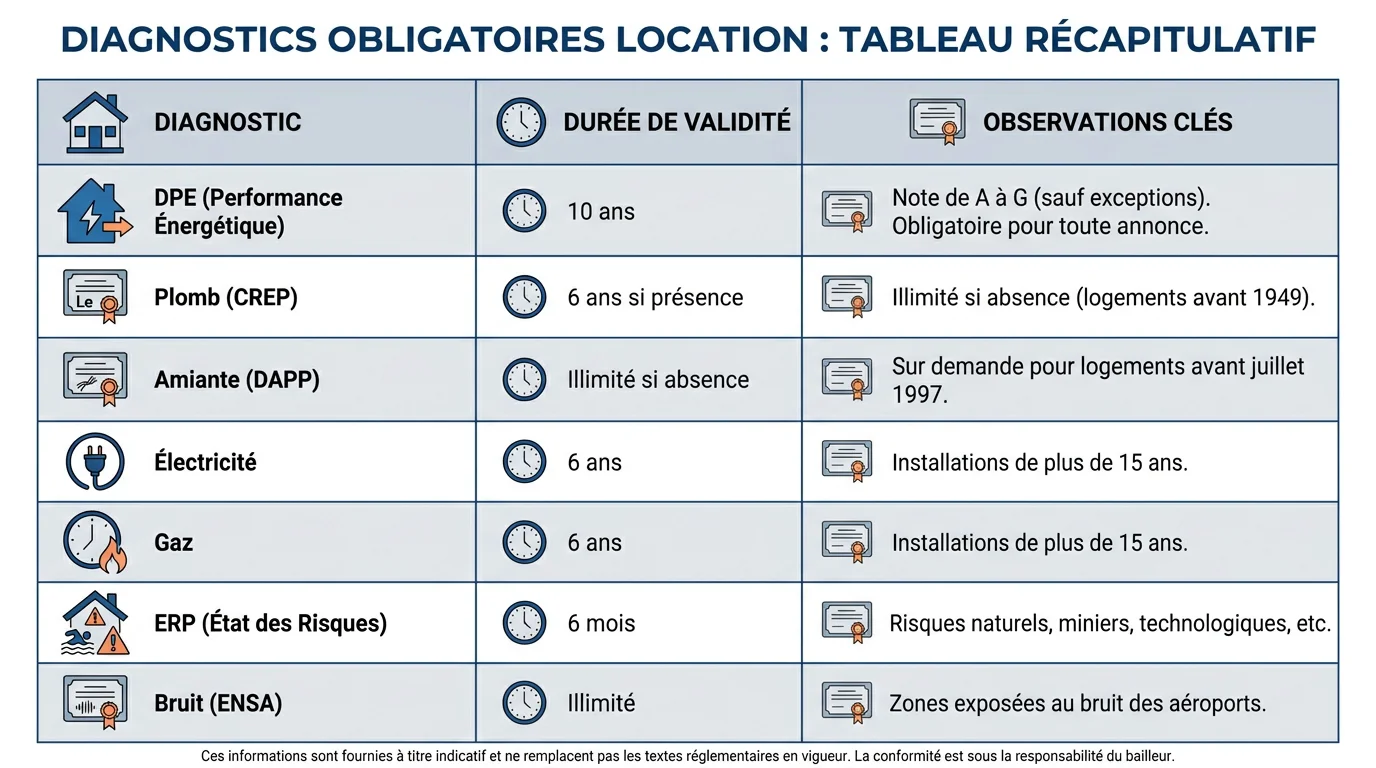 Tableau récapitulatif des durées de validité des diagnostics immobiliers pour la location