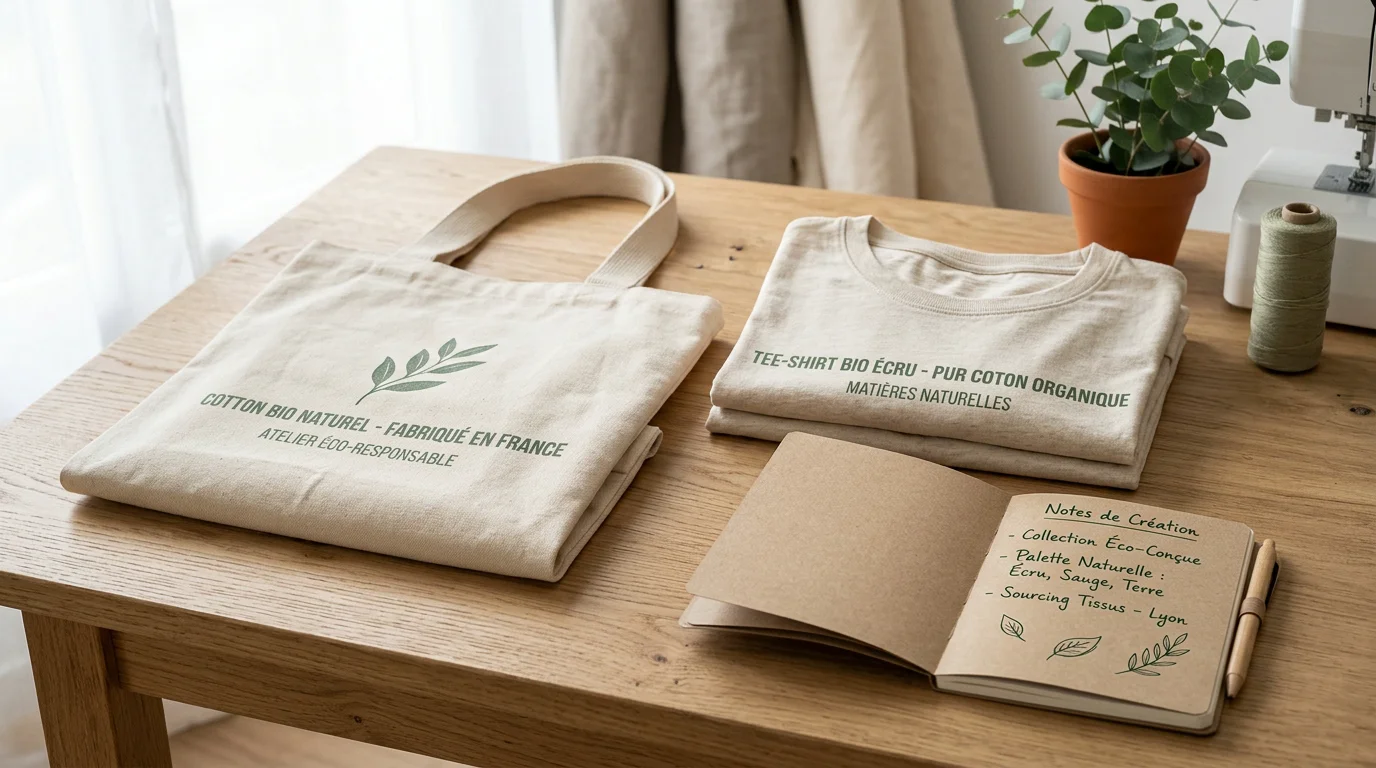Tote bags et tee-shirts publicitaires en coton bio écru sur une table d'atelier