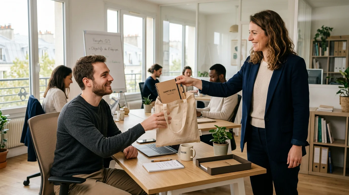 Remise d'un welcome pack avec sac en coton bio dans un bureau