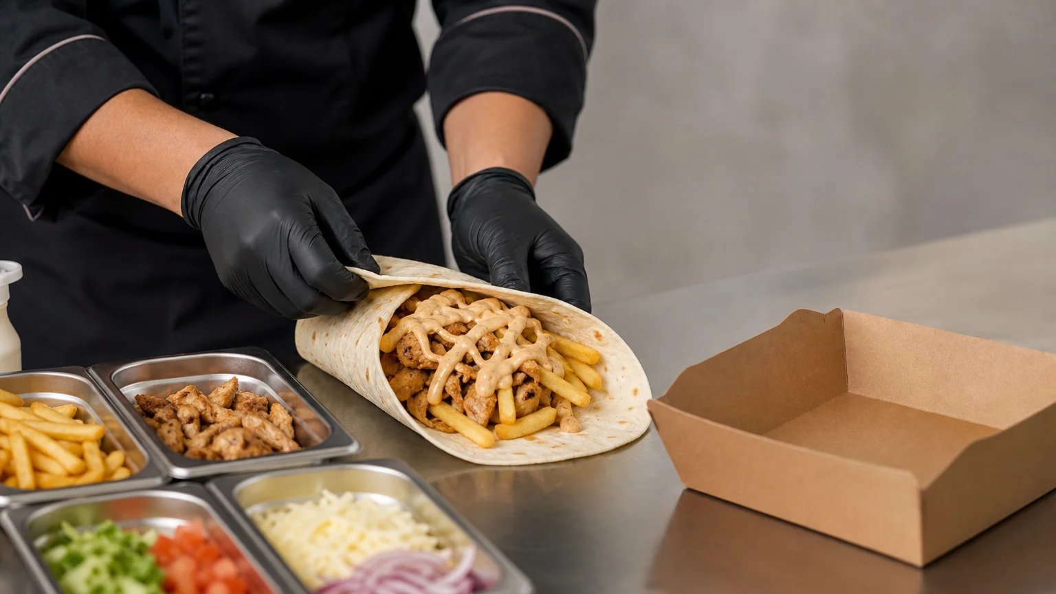 Assemblage minute d’un tacos avec frites, viande et sauce